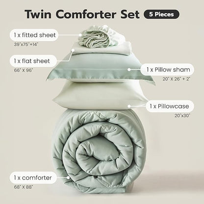 Joiedomi Twin Comforter Set with Sheets Sage Green, 5 Pieces Twin Bedding Sets with 1 Down Alternative Comforter, 1 Flat Sheet, 1 Fitted Sheet, 1 Pillowcase and 1 Pillow Sham Bed in a Bag All Seasons