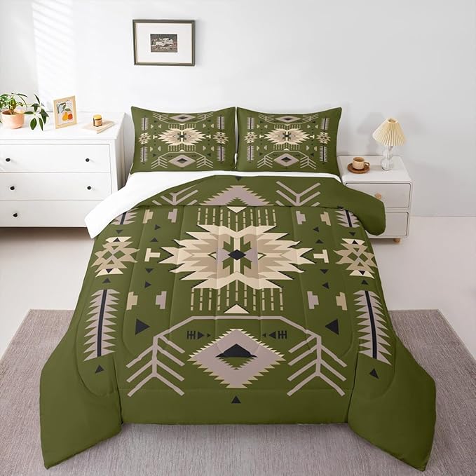 American Tribal Comforter Set Full Size Southwest Cowboy Style Bedding Set 3pcs Retro Green Microfiber Quilt Set for Kids Teens Boys Women Room Decor Geometric Arrow Duvet Insert,2 Pillowcases