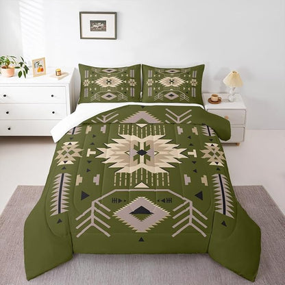 American Tribal Bedding Set Twin Size Southwest Cowboy Style Comforter Set 2pcs Retro Green Microfiber Quilt Set for Kids Teens Boys Women Room Decor Geometric Arrow Duvet Insert,1 Pillowcase