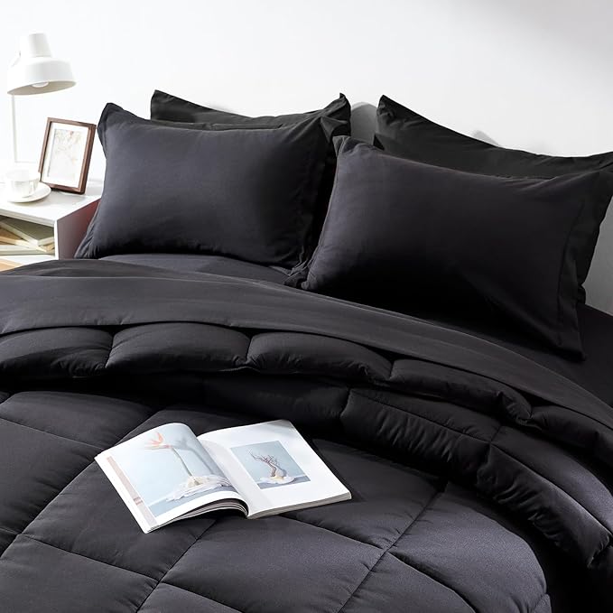 COZYART Full Comforter Set 7 Pcs, Black Bed in a Bag, All Season Lightweight Soft Reversible Bedding Sets, 1 Comforter, 1 Flat Sheet, 1 Fitted Sheet, 2 Pillow Shams, 2 Pillowcases