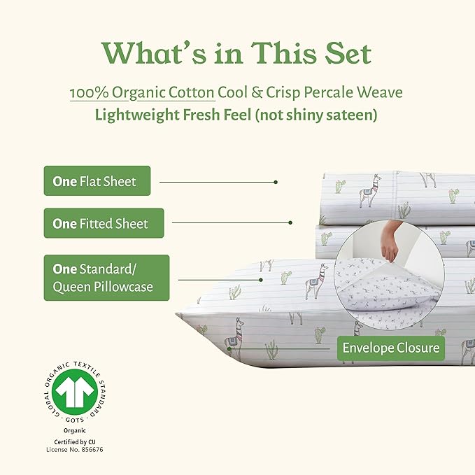 California Design Den Printed Twin Extra Long Sheet Set, 100% Organic Cotton Percale Sheets, Deep Pocket Twin XL Sheets & Pillowcase Set - Llama