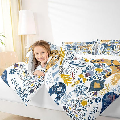Floral Horse Comforter Sets Full Size,Rustic Squirrel Bird Bedding Set 3Pcs for Kids Girls Boys Women Room Decor,Boho Flower Leaves Quilted Duvet Scandinavian Style Down Comforter,2 Pillowcases