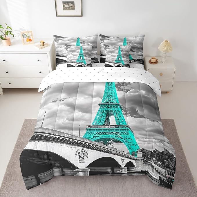 Feelyou Girls Eiffel Tower Comforter Set King Size 7 Pcs Paris Theme Comforter Bed in a Bag Teal Gray Eiffel Tower Bedding Set for Women Teens Romantic Bed Set with Sheets, Pillowcases, Pillow Covers