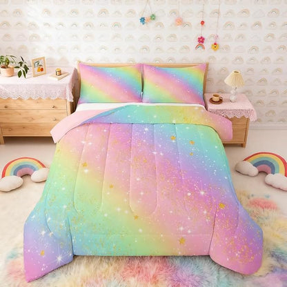 Feelyou Pink Rainbow Comforter Set King Size Glitter Galaxy Bedding Set for Kids Boys Girls Colorful Duvet Quilt Lovely Kids Rainbows Bedroom Decor Multicolor Microfiber 3 Pcs with 2 Pillow Cases