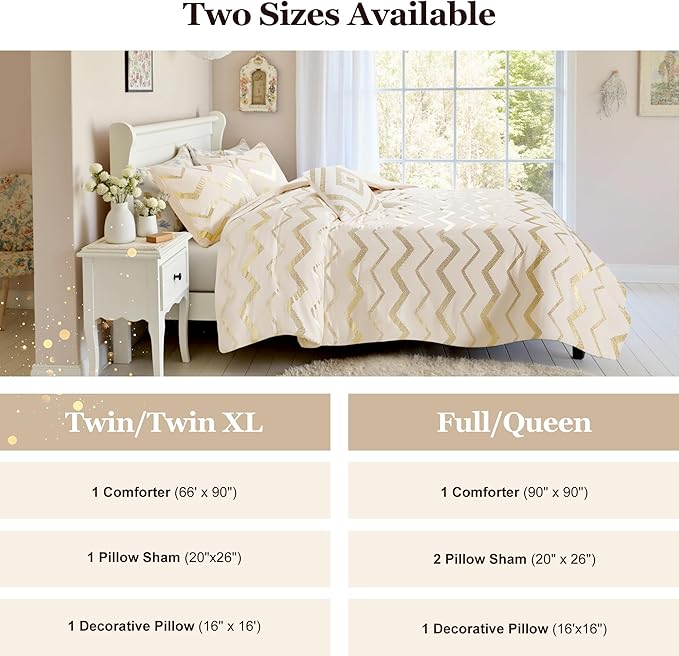 Codi Teen Bedding Set Twin Size, Cute Ivory & Gold Comforter Sets for College Dorm Girls, 3 Pieces - All Seasons Warm