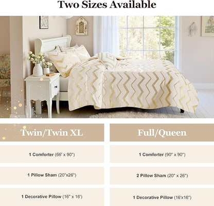 Codi White and Gold Bed Comforter Set, Cute Queen and Full Size Golden Teen Girls Bedding, 4 Pieces - All Seasons Warm