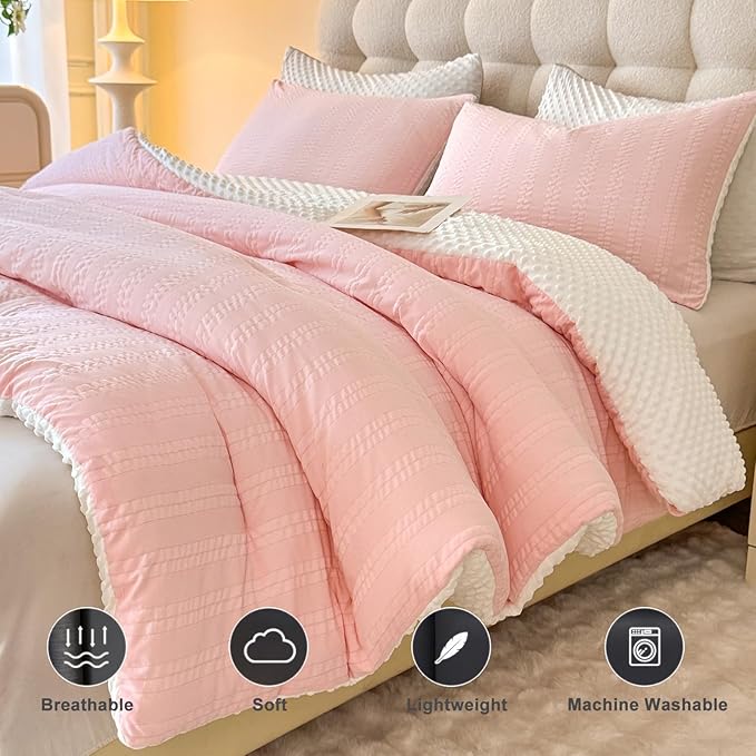 Boho Comforter Set Twin Size Striped Pleats Bohemian Seersucker Bedding Set All Season Soft Cozy 2 Pieces Quilt with 1 Pillowcase(68"X90" Blush Pink)