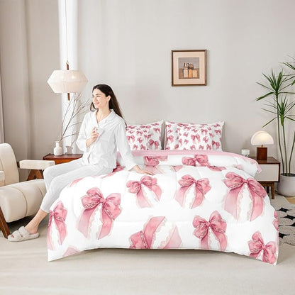 Erosebridal Pink Lace Bowknot Girls 7 Piece Bedding Set Twin | Cute Princess Ribbon Comforter Set with Sheets Kawaii Bow Kids Girly Bed in A Bag Women Teens Adults Bed Sets