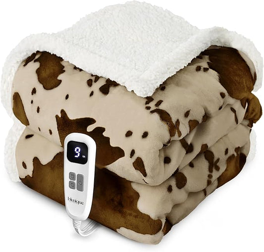 Cow Print Heated Throw Blanket Electric Blanket-Heating Blanket Throw with 10 Heat Levels & 10 Hours Auto-Off, Cozy Soft Fleece Sherpa, Washable, 50 x 60 Inches Cow Print Apricot