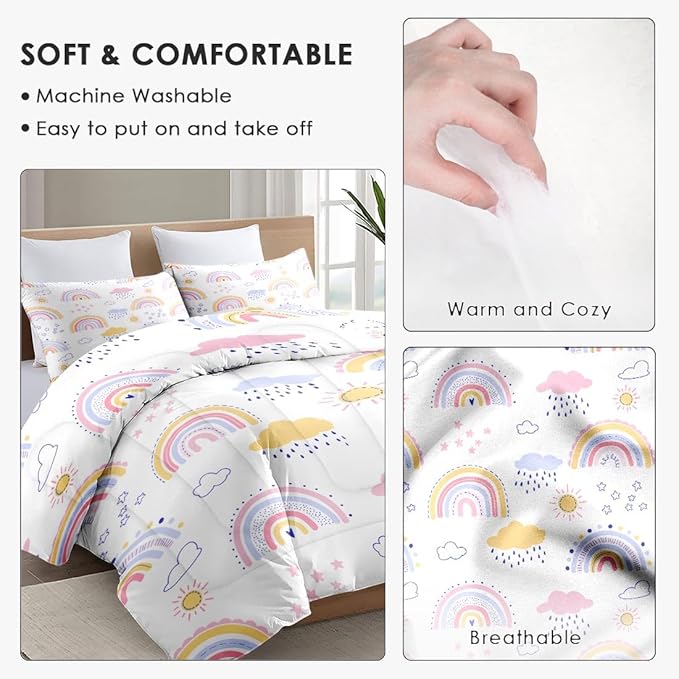Queen Size Comforter Set with 2 Pillowcases, Pink Rainbow Kids Nursery Soft 3 Pcs Bedding for Kids and Adults Bedroom Bed Decor