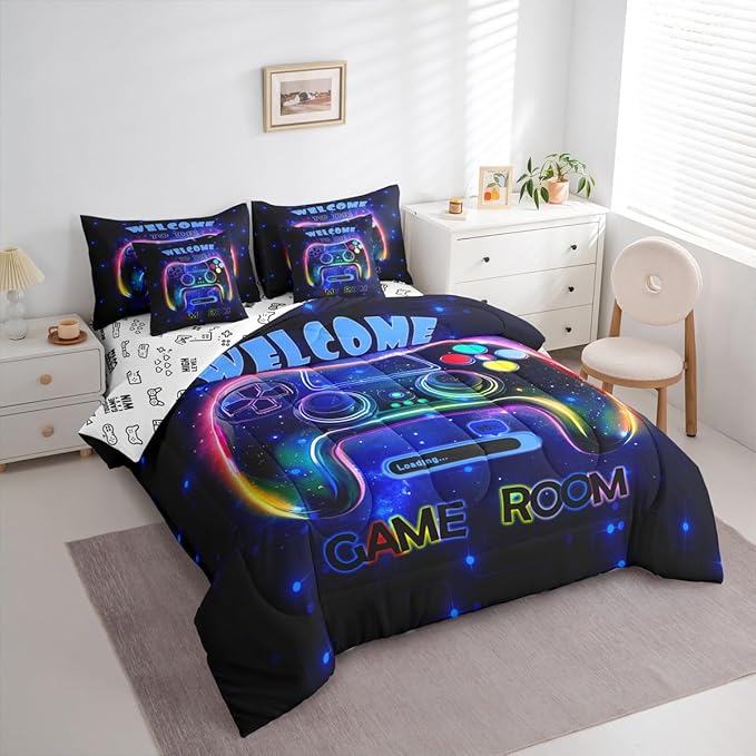 jejeloiu Cool Gamer 7 Piece Bedding Set King Size for Boys 3D Gaming Comforter Set with Sheets Kids Teens Bright Blue Bed in a Bag Modern Game Console Bed Set