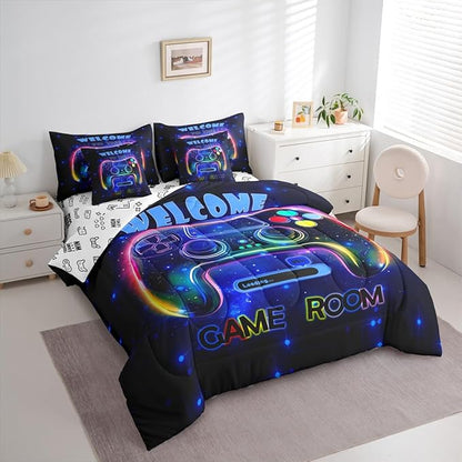jejeloiu Cool Gamer 7 Piece Bedding Set King Size for Boys 3D Gaming Comforter Set with Sheets Kids Teens Bright Blue Bed in a Bag Modern Game Console Bed Set