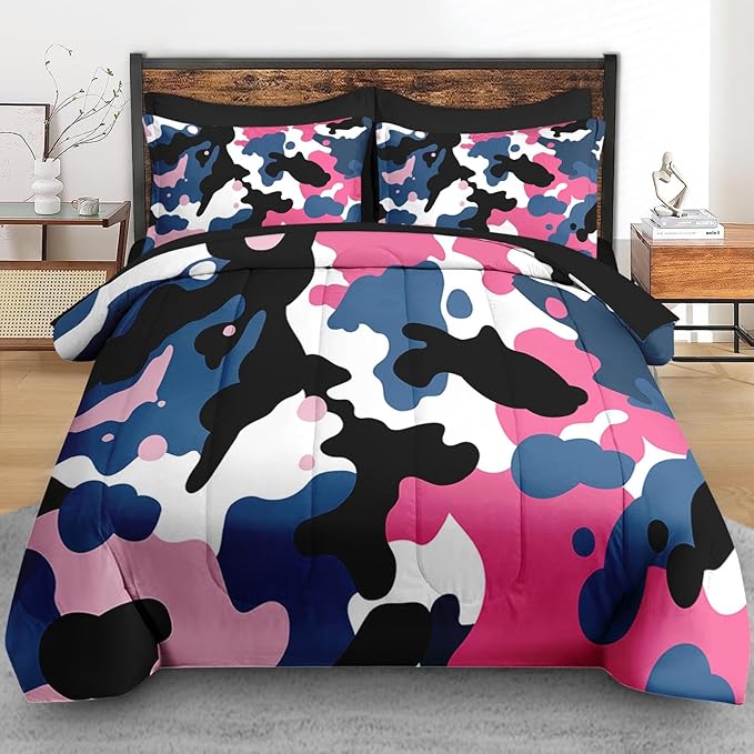 Comforter Set Queen Size, Camo Army 7 Pcs Bedding for Kids and Adults, Pink Blue Black Camouflage Bed Sheet Sets with Fitted Sheet 2 Pillowcases & 2 Shams for Bedroom Bed Decor