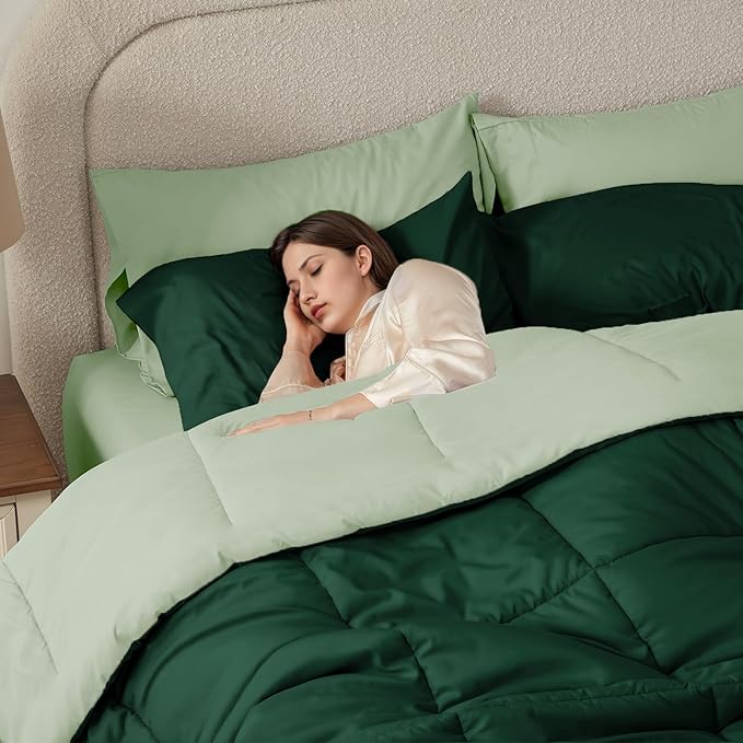 Anluoer Full Comforter Set,Emerald Green&Sage Bed in a Bag 7 Piece,Lightweight Bedding Set with Soft Down Alternative Fill,Bed Set Includes Comforter, Fitted Sheet, Flat Sheet,Pillowcases and Shams