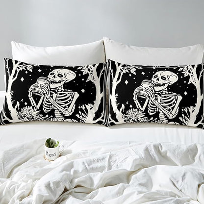 Erosebridal Goth Bedding Set Queen for Home, Spooky Halloween Gothic Skull Comforter Set, Skeleton Drinking Coffee Black Comforter, Sun and Moon Quilt with 2 Pillowcases for Kids Teens Women Men
