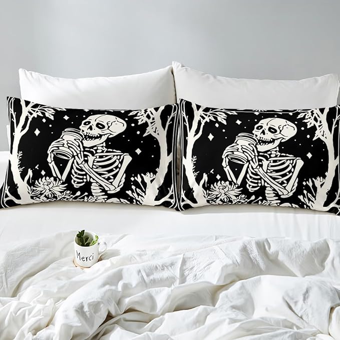 Erosebridal Goth Bedding Set Toddler for Home, Spooky Halloween Gothic Skull Comforter Set, Skeleton Drinking Coffee Black Comforter, Sun and Moon Quilt with 1 Pillowcase for Kids Teens Women Men