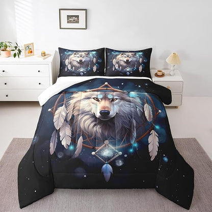 Erosebridal Wolf Dream Catcher Toddler Bedding Set,Indian Wolf Hunting Comforter Set for Kids Boys Girls Room Decor,Boho Exotic Quilt Set Wildlife Safari Bedding Comforter Sets,1 Pillowcase