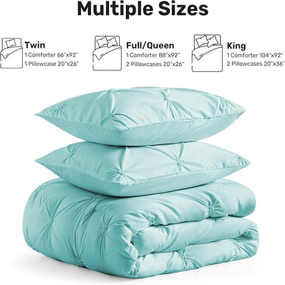 UNIKOME Queen Comforter Set Aqua Blue - Ultra Soft Boho Pintuck Down Alternative Bedding Set for All Seasons, 3 Pieces Lightweight Warm Pinch Pleat Bed Set with Comforter, 2 Pillowcases