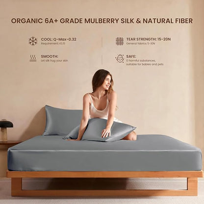 THXSILK Luxury Mulberry Silk Bed Sheets Set - 4pcs Silk Sheets Set 16" Deep Pocket - 1 Fitted Sheet, 1 Flat Sheet, 2 Pillowcases with Zipper Closure - King, Stone Blue