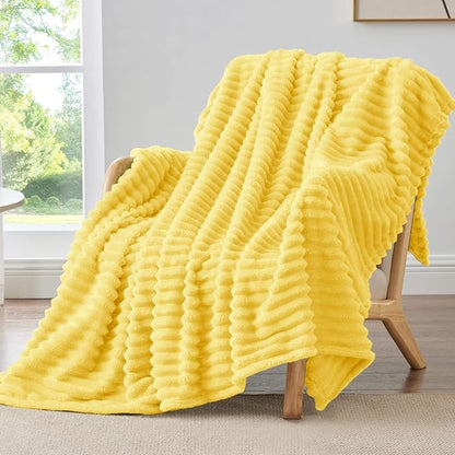 BEDELITE Fleece Throw Blanket for Couch - 300GSM Soft & Warm Fluffy Custard Yellow Blanket, Decorative and Giftable Striped Blankets for Women, Men, 50"x60"