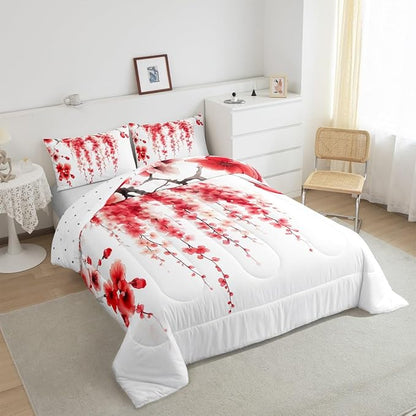 Manfei Red Flower Comforter Set King Size, Watercolor Cherry Blossom Bedding Set 3pcs, Japanese Style Pink Floral Print Down Comforter, Kids Girls Women Room Decor, 2 Pillowcases, No Sheets