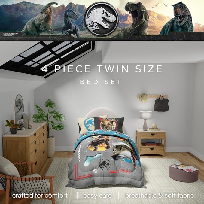 Jurassic World Rebirth Kids Bedding Super Soft Cozy Microfiber Comforter and Sheet Set, 4 Piece Twin Size, (Officially Licensed Product) by Franco