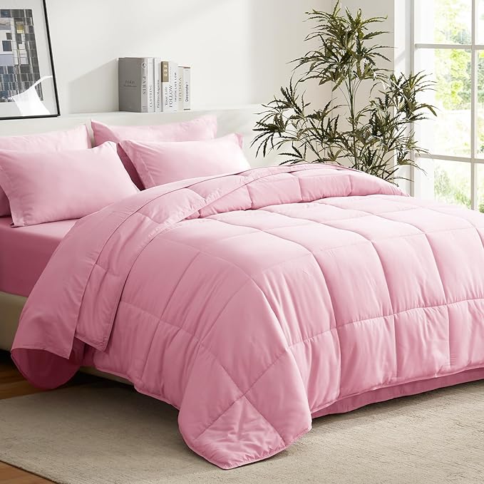 COZYART King Comforter Set 7 Pcs, Pink Bed in a Bag, All Season Lightweight Soft Reversible Bedding Set, 1 Comforter, 1 Flat Sheet, 1 Fitted Sheet, 2 Pillow Shams, 2 Pillowcases