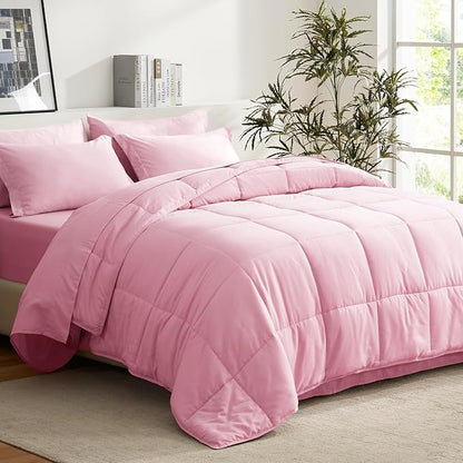 COZYART Full Comforter Set 7 Pcs, Pink Bed in a Bag, All Season Lightweight Soft Reversible Bedding Set, 1 Comforter, 1 Flat Sheet, 1 Fitted Sheet, 2 Pillow Shams, 2 Pillowcases
