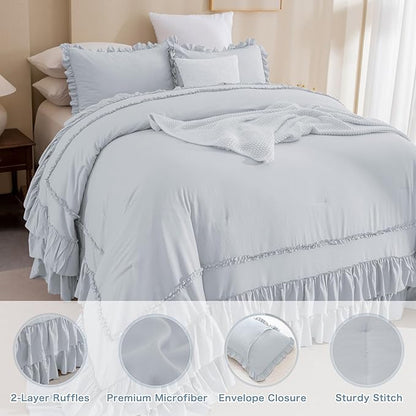Masaca Oversized King Comforter 120x120,3 Pieces Farmhouse Ruffle Bedding Comforter,Light Blue Oversized Shabby Boho Chic Cal King Ruffled Bed Comforter Lightweight and Soft