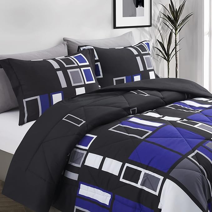 ARTALL Microfiber 2 Pieces Comforter Set Blue Gray Black Plaid Pattern Lightweight Bedding Set, Twin Size with 1 Sham