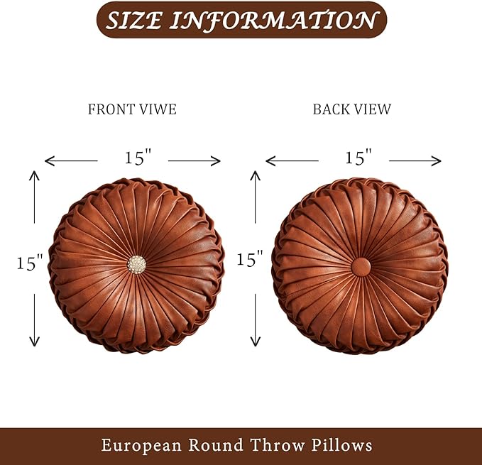 EUCIOR Brown Round Leather Pillow,Circle Pillow,Handmade Round Throw Pillow,Smooth Faux Leather Decorative Pillows for Home Decor Bedroom Living Room Couch Bed,Diameter 15"