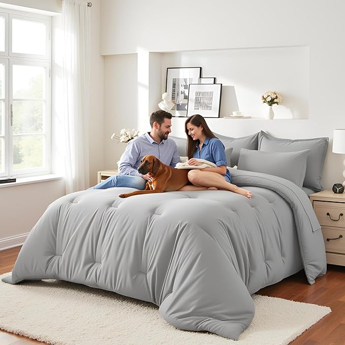 Queen Comforter Set 7 Piece - Soft Bed in a Bag Queen Size Comforter Sets, Cozy Luxury Bedding Sets with All Season Comforter, Flat Sheet, Fitted Sheet,2 Pillowcases & 2 Shams, Light Gray