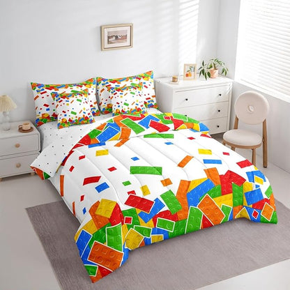 Cartoon Construction Bedding Sets King Size 7 Pcs,Watercolor Building Block Comforter Set for Kids Child Boys Girls Room Decor,Brick Games Fitted Flat Sheet with 2 Throw Pillow Covers 2 Pillowcases