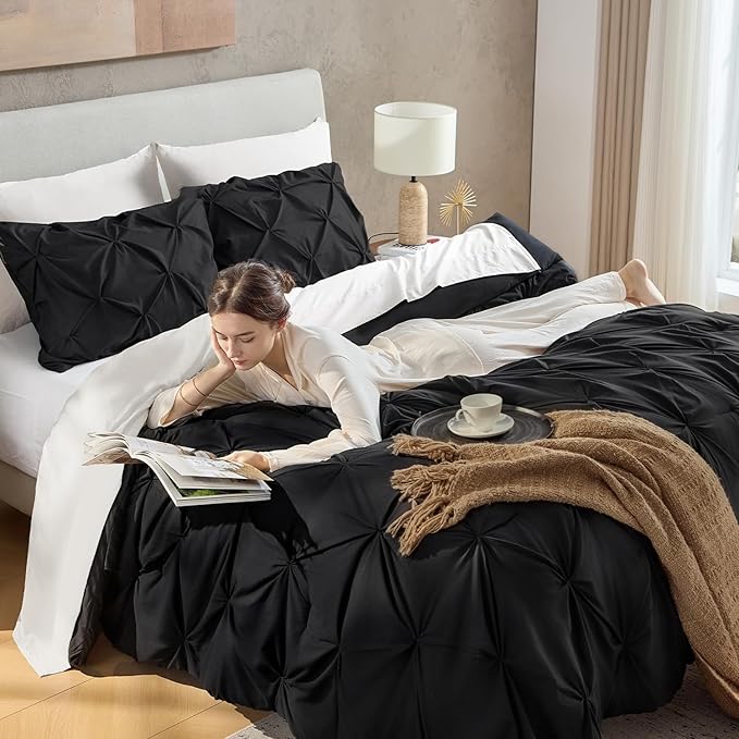 Andency Black King Size Comforter Set, 3 Pieces Boho Lightweight Pinch Pleat Comforter, Pintuck Solid Bedding Set & Collections, All Season Fluffy Microfiber Bed Set(104x90In Comforter)