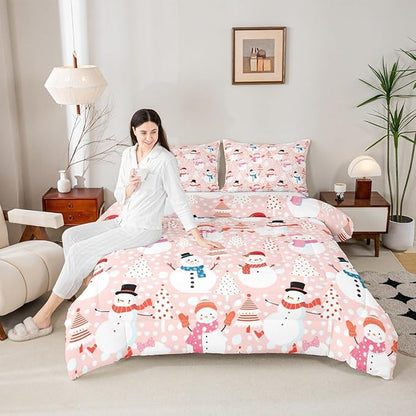 Cute Snowman Bedding Set Full Size Cartoon Christmas Tree Comforter Set 3Pcs Red White Dots Print Theme Quilt Set for Kids Girls Boys Room Decor Watercolor Pink Duvet Insert,2 Pillowcases