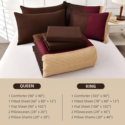 Anibedding Red and Brown Comforter Set King Size, Boho Burgundy Striped Bedding Comforter Set 7 Piece Bed in a Bag, Soft Microfiber Down Alternative Farmhouse Bedding Set for All Season(104"x90")