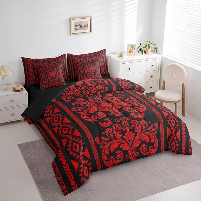 Comforter Set King Size, Red Aztec Damask 7 Pcs Bedding for Kids and Adults, Victorian Decor Western Baroque Goth Floral Bed Sheet Sets with Fitted Sheet 2 Pillowcases & 2 Shams for Bedroom Bed Decor
