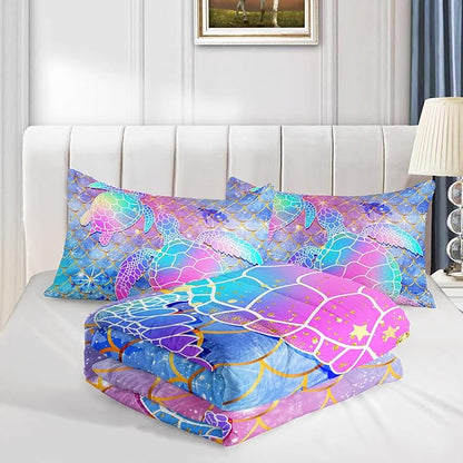 Mermaid Scales Bedding Set for Girls,Rainbow Scales Mermaid Printed Comforter Set Twin Size for Kid Women,Glitter Star Bed Set Quilts Set Lightweight