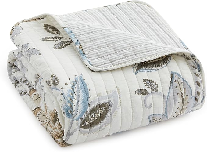 Levtex Home - Maileen Neutral Blue - Throw - Floral - Taupe Blue and Cream - Throw (50x60in.) - Cotton