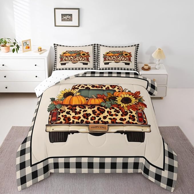 Plaid Pumpkin Comforter Set Fall Thanksgiving Harvest Bedding Set Gifts For Kids Teen Adults Twin,Brownleopard Truck Pumpkins Bedding Comforters,Butterfly Sunflower Maple Leaf Bedding Quilted 2 Pcs