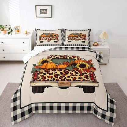 Plaid Pumpkin Comforter Set Fall Thanksgiving Harvest Bedding Set Gifts For Kids Teen Adults Full,Brownleopard Truck Pumpkins Bedding Comforters,Butterfly Sunflower Maple Leaf Bedding Quilted 3 Pcs