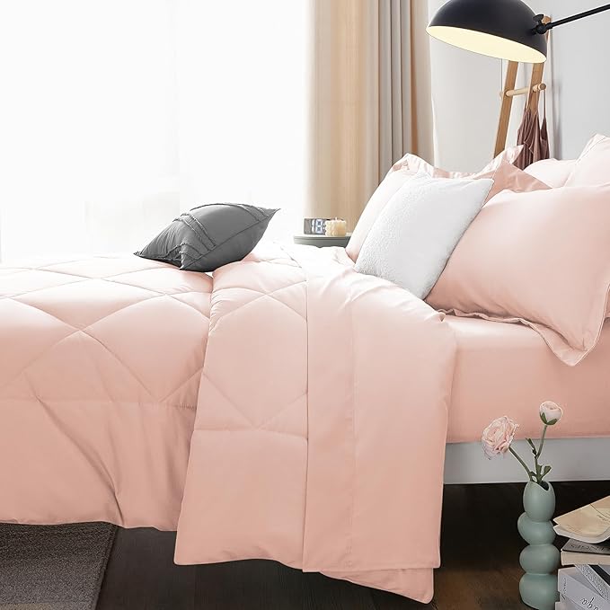 CozyLux Queen Comforter Set Blush Pink - Bed in a Bag Queen Size 7 Pieces, Luxury Soft Bed Set for All Seasons, Bedding Set with Down Alternative Comforter, Sheets, Pillowcases & Shams