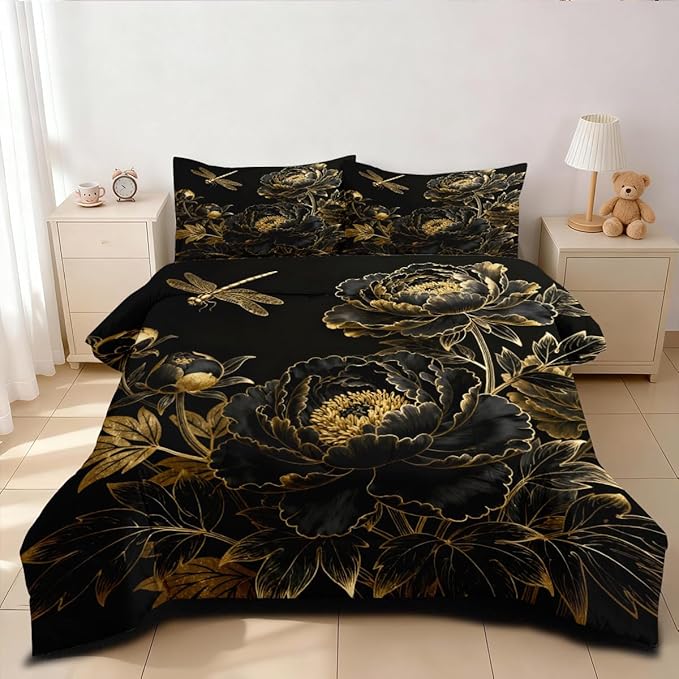 Black Floral Comforter Set Queen 3 Pieces Elegant Flower Printed Bedding Set Soft Microfiber Down Alternative Comforter with 2 Pillowcases