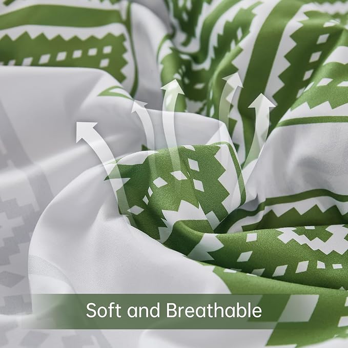 Luxudecor Green Comforter Set King Size 7 Pieces,Boho Aztec Comforter with Sheet Set,Geometric Striped Pattern Bed in a Bag,Soft Microfiber Bed Set 104"x90"