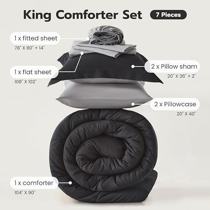 JOIEDOMI King Size Comforter Set with Sheets Black, 7 Pieces King Bedding Set with 1 Down Alternative Comforter, 1 Flat Sheet, 1 Fitted Sheet, 2 Pillowcases and 2 Pillow Shams Bed in a Bag All Seasons