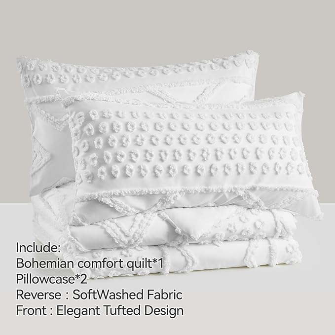 Boho King Comforter Set White with Sheets, 3 Pieces Tufted King Comforter Sets Boho Bedding Cream Soft Warm Neutral Comforter Sets for All Seasons