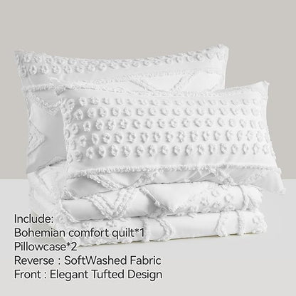Boho Queen Comforter Set White with Sheets, 3 Pieces Tufted Queen Comforter Sets Boho Bedding Cream Soft Warm Neutral Comforter Sets for All Seasons