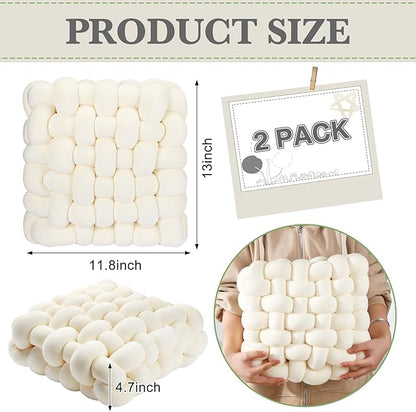 Wenqik 2 Pcs Knot Pillows Square Knotted Plush Throws Soft Accent Pillows Decoration Cushion for Couch Home Office Living Room Bedroom Bed Sofa Decor, 12'' x 13''(Ivory,Crystal Velvet)