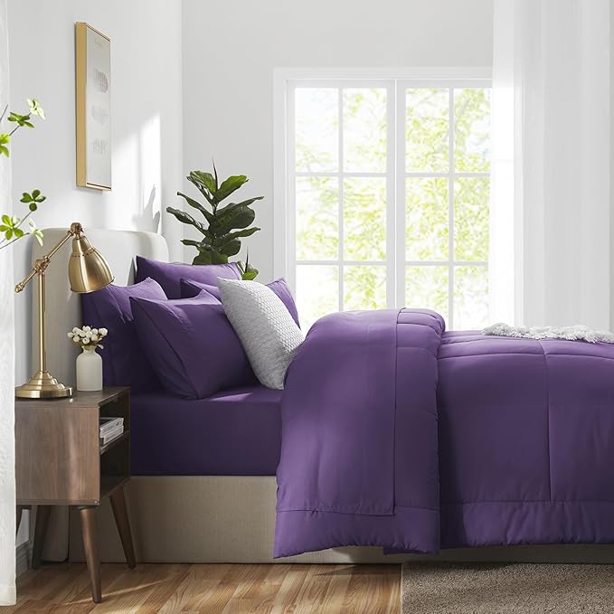 CozyLux Queen Comforter Set Purple, 7 Pieces Bed in a Bag, Purple Comforter Queen Size, All Season Bedding Sets with Stitch Quilted Comforter, Flat Sheet, Fitted Sheet, Pillowcases