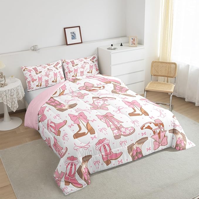 Feelyou Pink Western Bedding Set Cowgirl Cowboy Boots Comforter Set for Kids Boys Girls Teens Room Decor Cute Bowknot Dreamy Princess Style Comforter King Size Girly Duvet Set 3Pcs